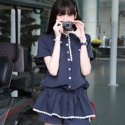 PLAID SHORT-SLEEVE LACE TRIM BOW PIPER SET