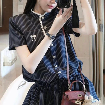 PLAID SHORT-SLEEVE LACE TRIM BOW PIPER SET