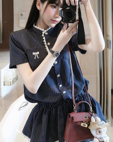 PLAID SHORT-SLEEVE LACE TRIM BOW PIPER SET