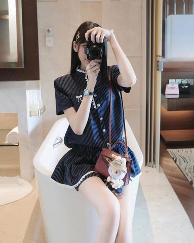 PLAID SHORT-SLEEVE LACE TRIM BOW PIPER SET