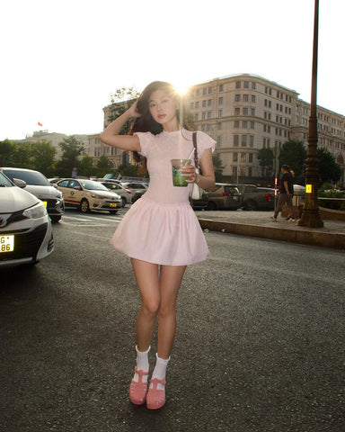 COLLAR SOLID BUBBLE HEM CAMI MINI HEALIN DRESS