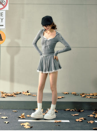 LONG SLEEVE BOWKNOT TOP & PLEATED KNOTTED HEM SKORT LUXE SET