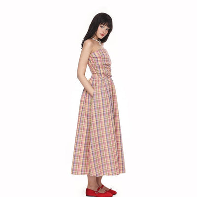 TUBE GINGHAM RUFFLE SHIRRED MIDI AMBERLY DRESS