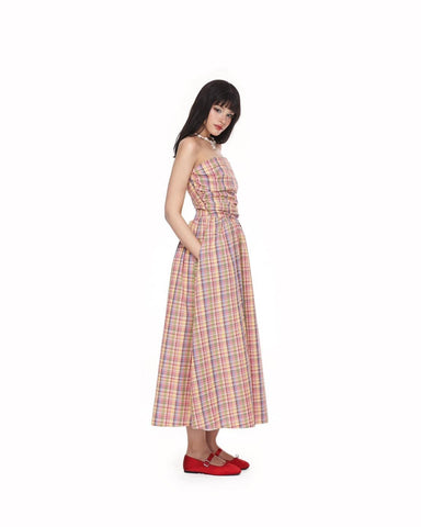 TUBE GINGHAM RUFFLE SHIRRED MIDI AMBERLY DRESS