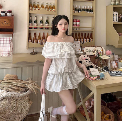 OFF-SHOULDER BOWKNOT STRIPE SARAH SET