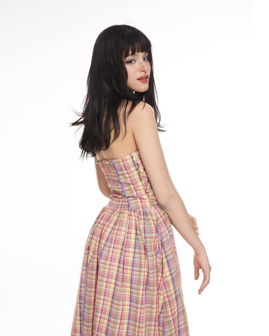 TUBE GINGHAM RUFFLE SHIRRED MIDI AMBERLY DRESS