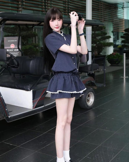 PLAID SHORT-SLEEVE LACE TRIM BOW PIPER SET