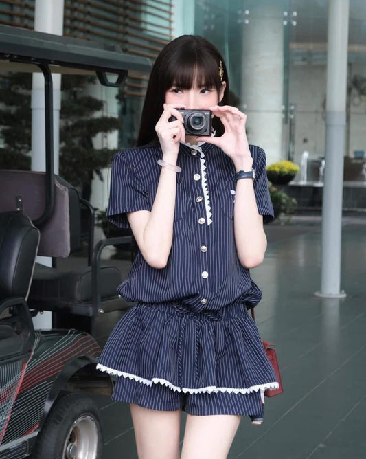 PLAID SHORT-SLEEVE LACE TRIM BOW PIPER SET