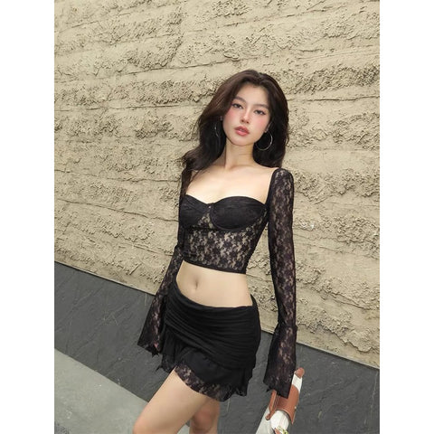 SHEER LACE LONG SLEEVE MESH BELLE CROP TOP