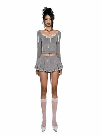 |JENNIE wears| LONG SLEEVE BOWKNOT TOP & PLEATED KNOTTED HEM SKORT LUXE SET