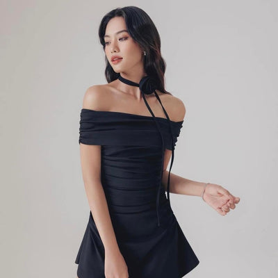 MESH OFF SHOULDER SOLID RUCHED MINI EMI DRESS