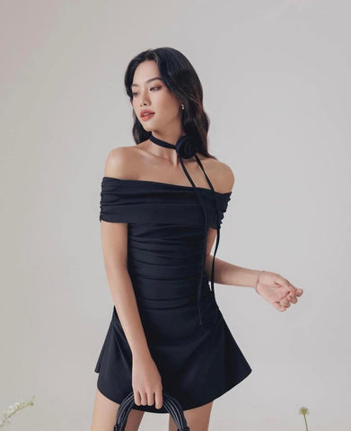 MESH OFF SHOULDER SOLID RUCHED MINI EMI DRESS