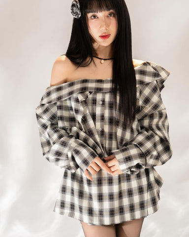 SOLID OFF SHOULDER PLAID RUFFLE AGU DRESS SET