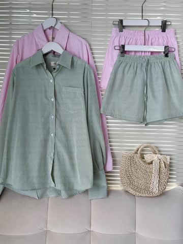 COLLAR STRIPED PLEATED LONG SLEEVE & SHORT OLA SET