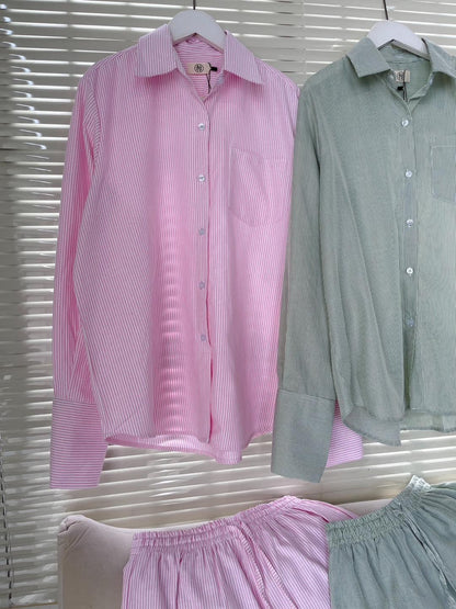COLLAR STRIPED PLEATED LONG SLEEVE & SHORT OLA SET
