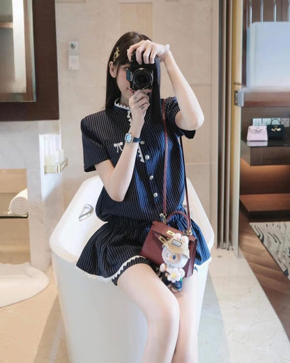 PLAID SHORT-SLEEVE LACE TRIM BOW PIPER SET
