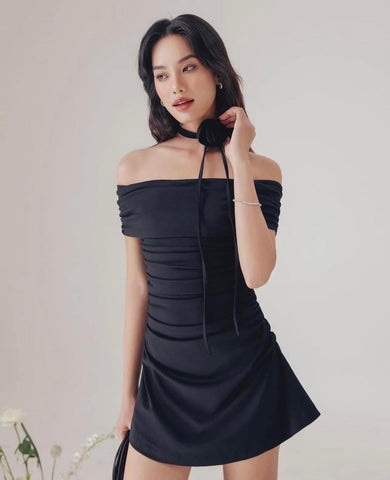 MESH OFF SHOULDER SOLID RUCHED MINI EMI DRESS