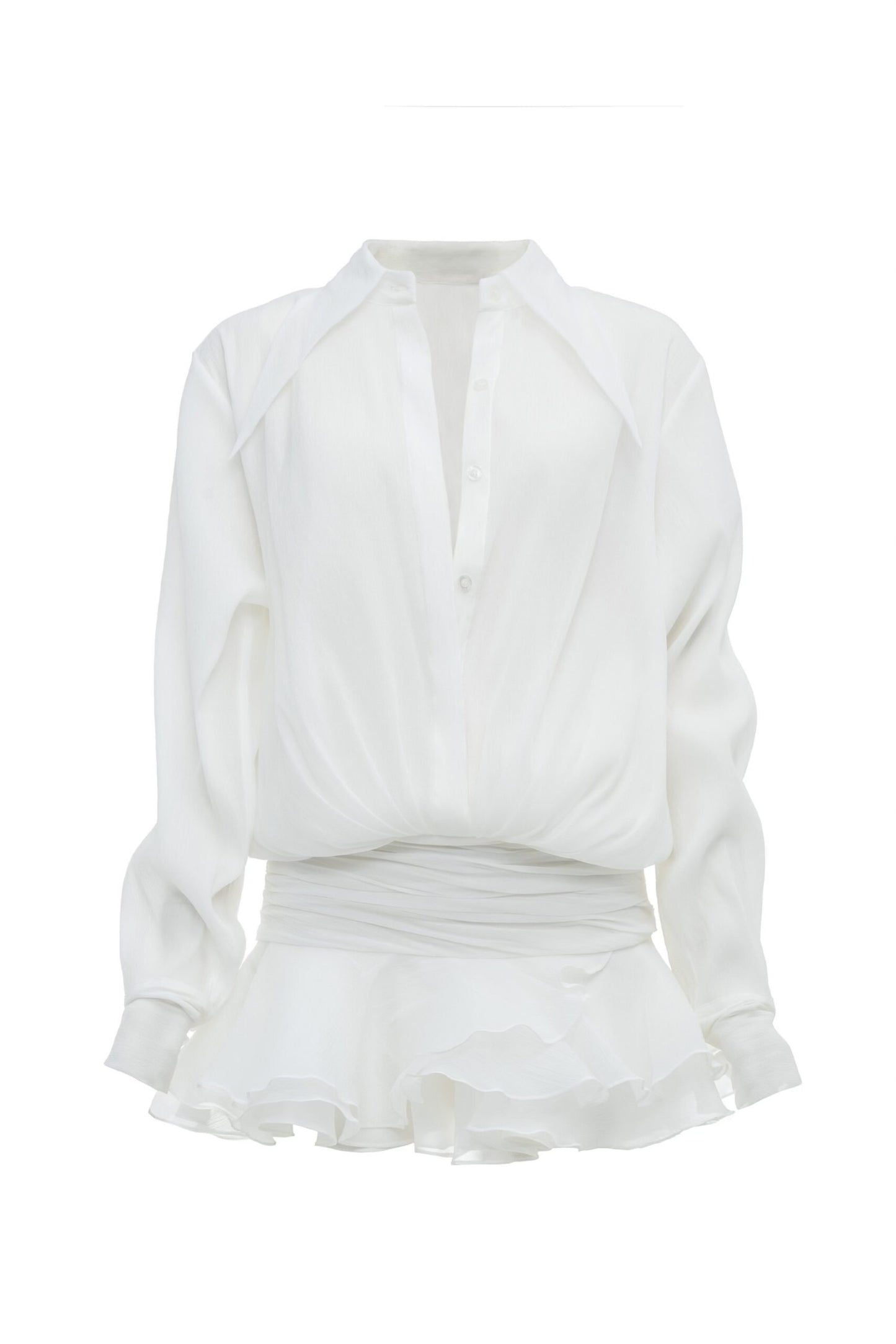 LONG SLEEVE BUTTON DOWN 3D FLOWER MINI BELL CHIFFON SHIRTDRESS