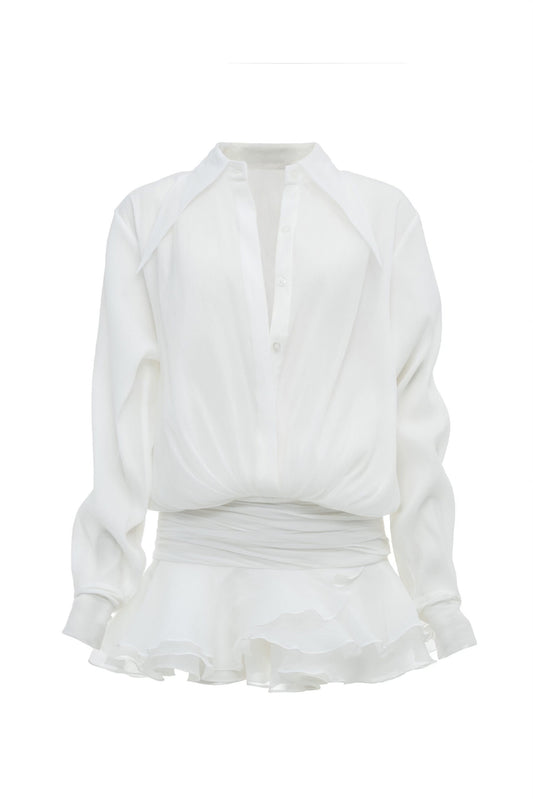 LONG SLEEVE BUTTON DOWN 3D FLOWER MINI BELL CHIFFON SHIRTDRESS