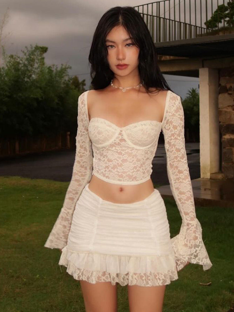 SHEER LACE LONG SLEEVE MESH BELLE CROP TOP