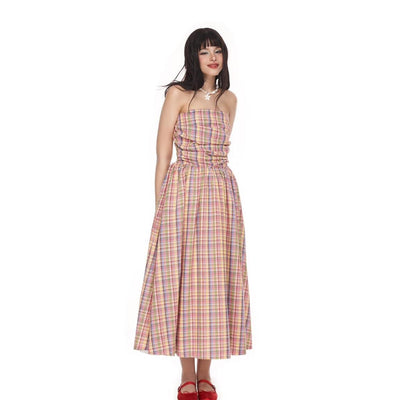 TUBE GINGHAM RUFFLE SHIRRED MIDI AMBERLY DRESS