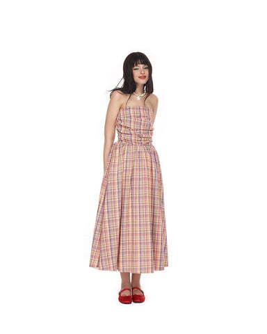 TUBE GINGHAM RUFFLE SHIRRED MIDI AMBERLY DRESS