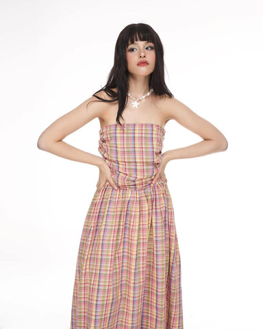 TUBE GINGHAM RUFFLE SHIRRED MIDI AMBERLY DRESS